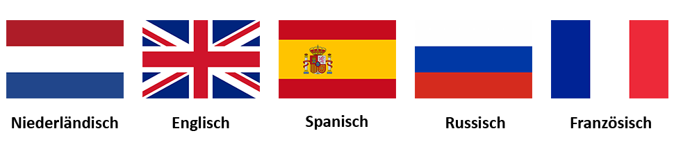 Bild vergrößern: Das Bild zeigt die jeweilige Landesflagge zu den Sprachen: Niederländisch, Englisch, Spanisch, Russisch und Französisch.