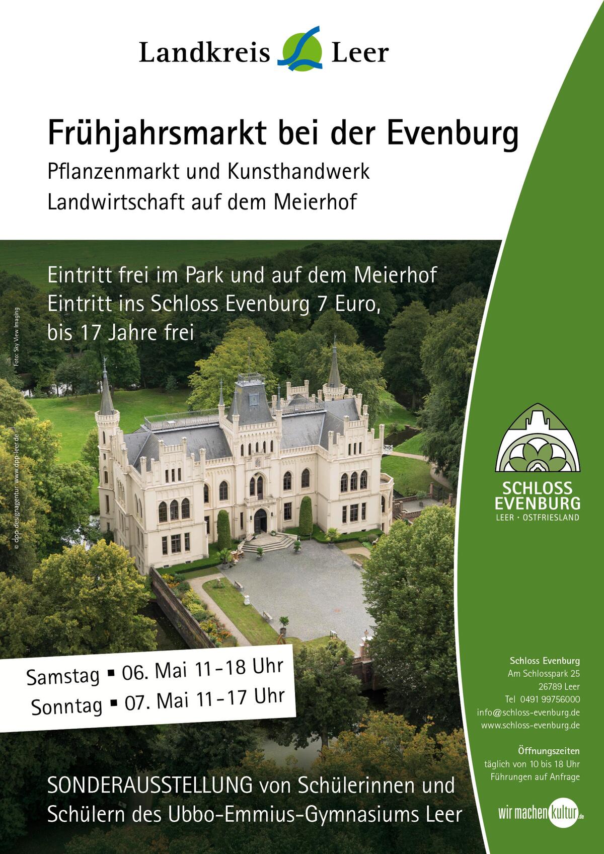 Bild vergrößern: Plakat zur Veranstaltung Frühjahrsmarkt bei der Evenburg am 6. Mai von 11 bis 18 Uhr und am 7. Mai von 11 bis 17 Uhr. Der Eintritt in den Park ist frei.