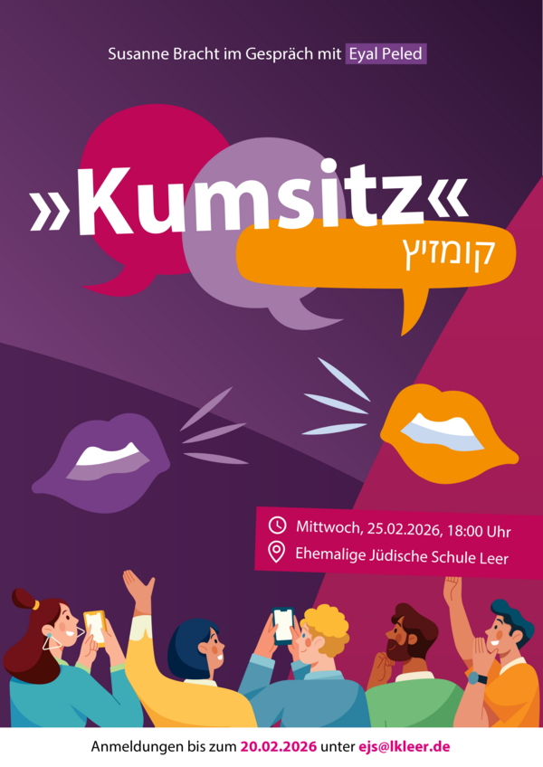 Bild vergr&ouml;&szlig;ern: Plakat zur Veranstaltung &raquo;Kumsitz&laquo; am Mittwoch, 25.02.2026 von 18 bis 19:30 Uhr in der Ehemaligen J&uuml;dischen Schule Leer