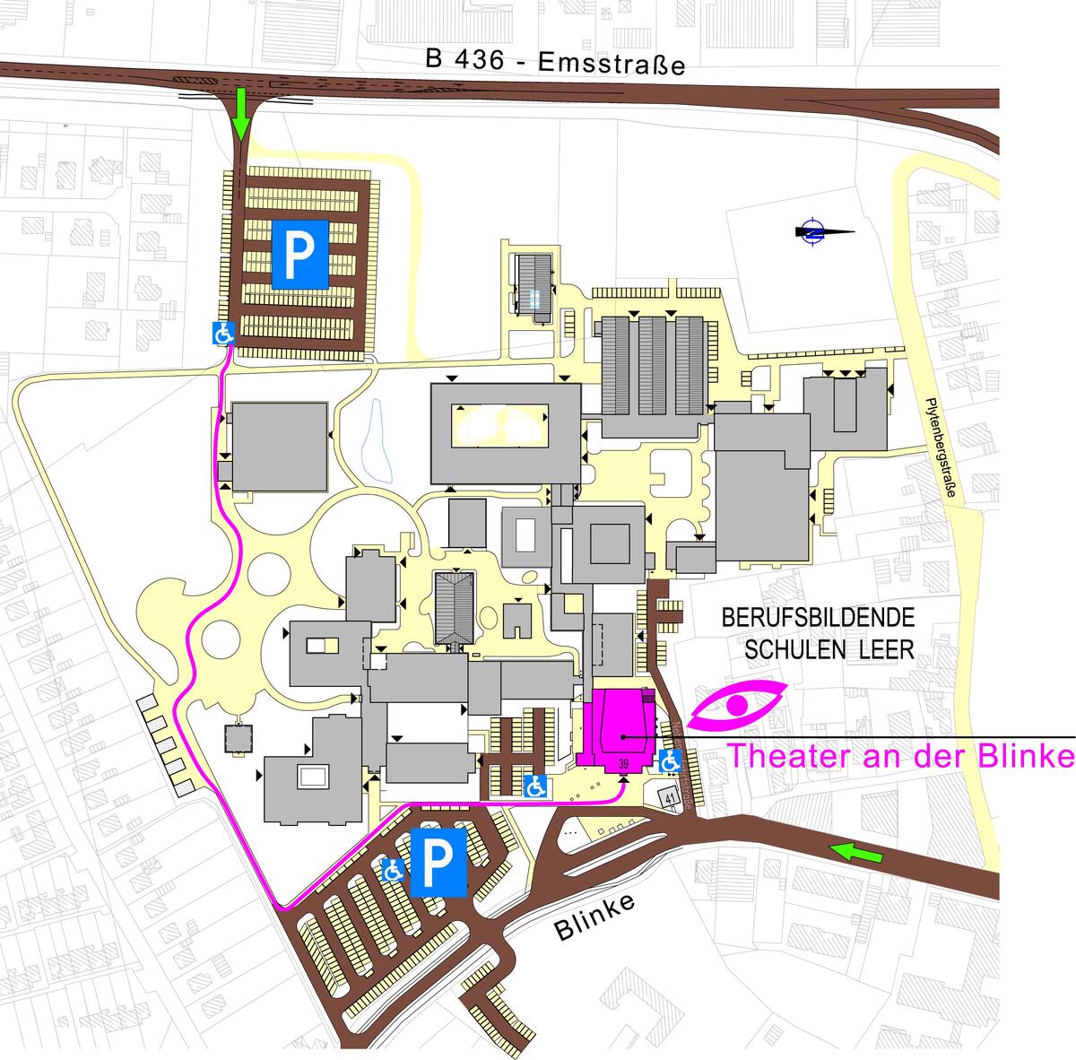 Das Bild zeigt eine Übersicht über die Lage des Theaters und der Parkplätze.