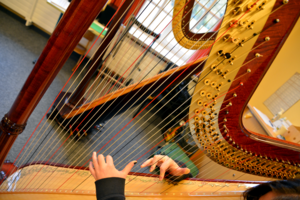 Bild vergrößern: Das Bild zeigt einen Ausschnitt einer Harfe, die gerade bespielt wird.