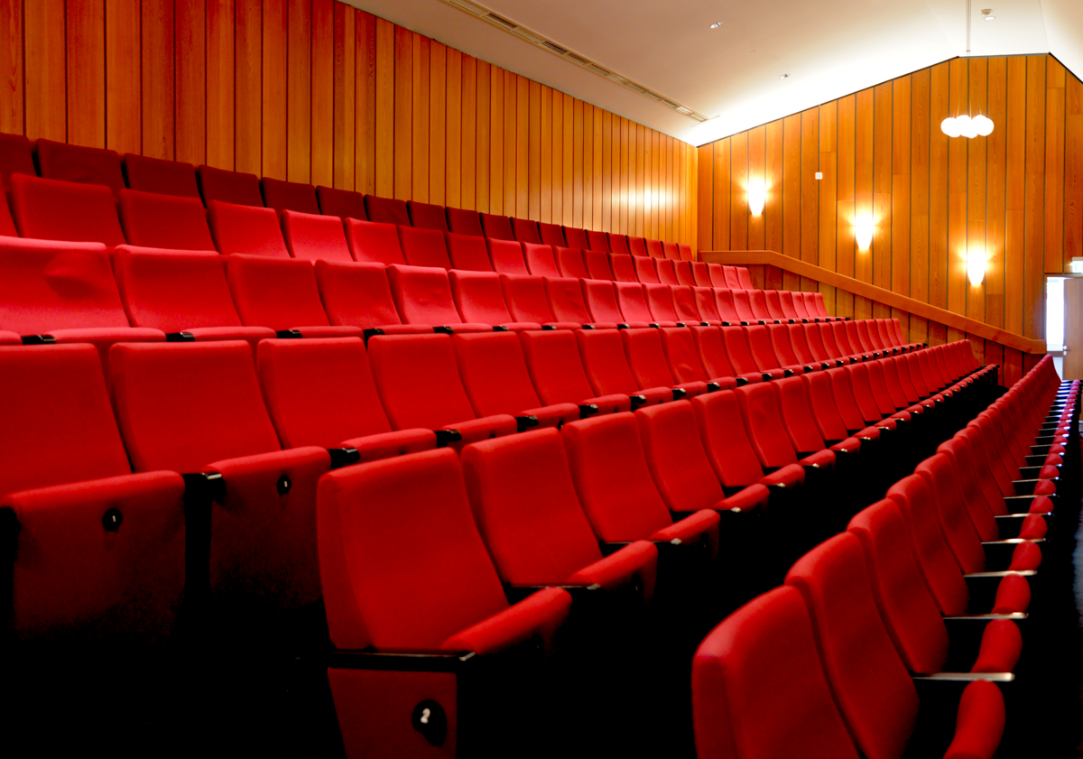 Bild vergrößern: Zu sehen sind einige Sitzreihen mit roten Sitzen