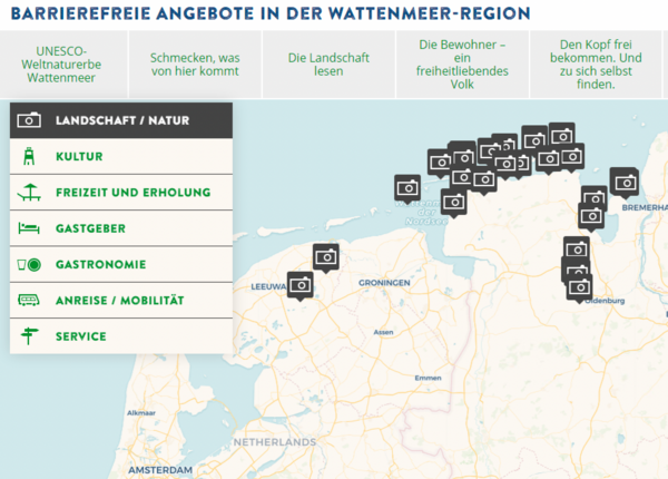 Das Bild zeigt einen Screenshot einer Internetseite, auf der weitere barrierefreie Ausflugsziele in der Wattenmeer-Region aufgelistet worden sind. Hinweis: Durch einen Klick auf die Grafik gelangt man auf die externe Seite.